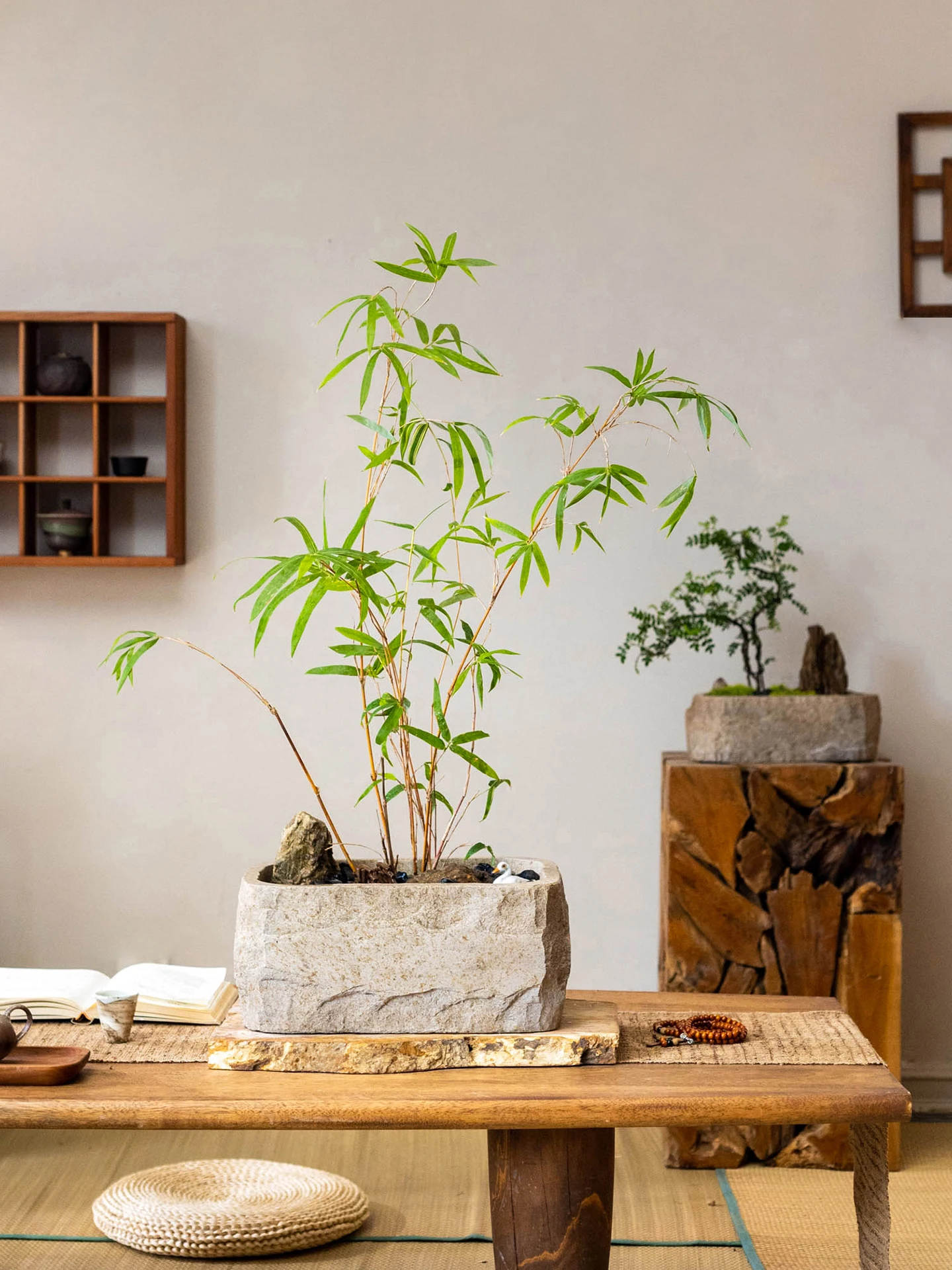 

Retro Chinese Zen Style Bamboo Cement Flower Pots Artistic Decorative Tabletop Ornament Imitation Stone Flower Vase Home Decor