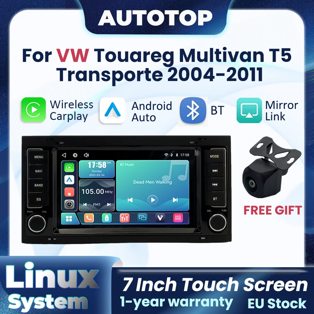 Autoradio sans fil Linux CarPlay pour Apple Android Auto, pour VW Touareg Multivan T5 Transporter 2004-2011, navigation GPS, FM, DSP, multimédia, écran tactile, caméra arrière