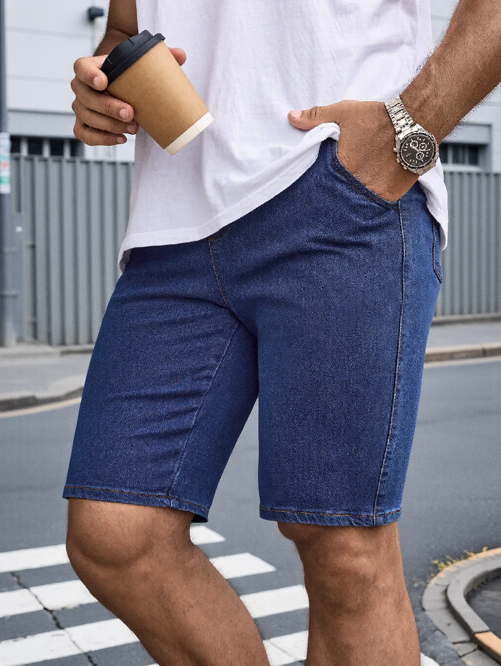 Men's Elastic Waist Drawstring Denim Shorts, Slim Fit Stretch Jean Shorts, Solid Color Casual Knee Length Shorts for Daily Str