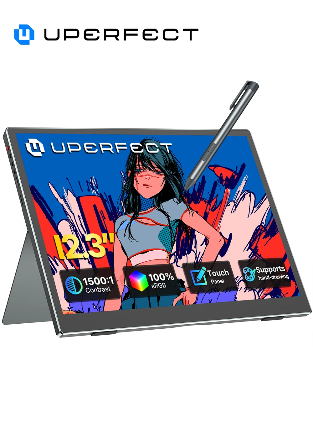UPERFECT Tragbarer 12,3-Zoll-Touchscreen-Monitor mit Eingabestift für Switch/Switch – 1280p, 100 % sRGB, Designer-Display, integrierter Ständer, Mini-HDMI für Laptop, PC, Mac, Surface und Konsole
