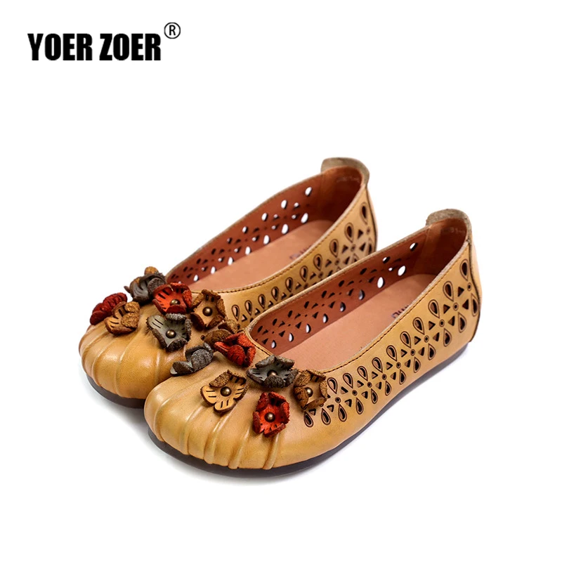 

Women's Flat Shoes Cowhide Round Head Flowers Hollow Out Genuine Leather Retro Casual Sandals Women's Net Boat shoes Loafers