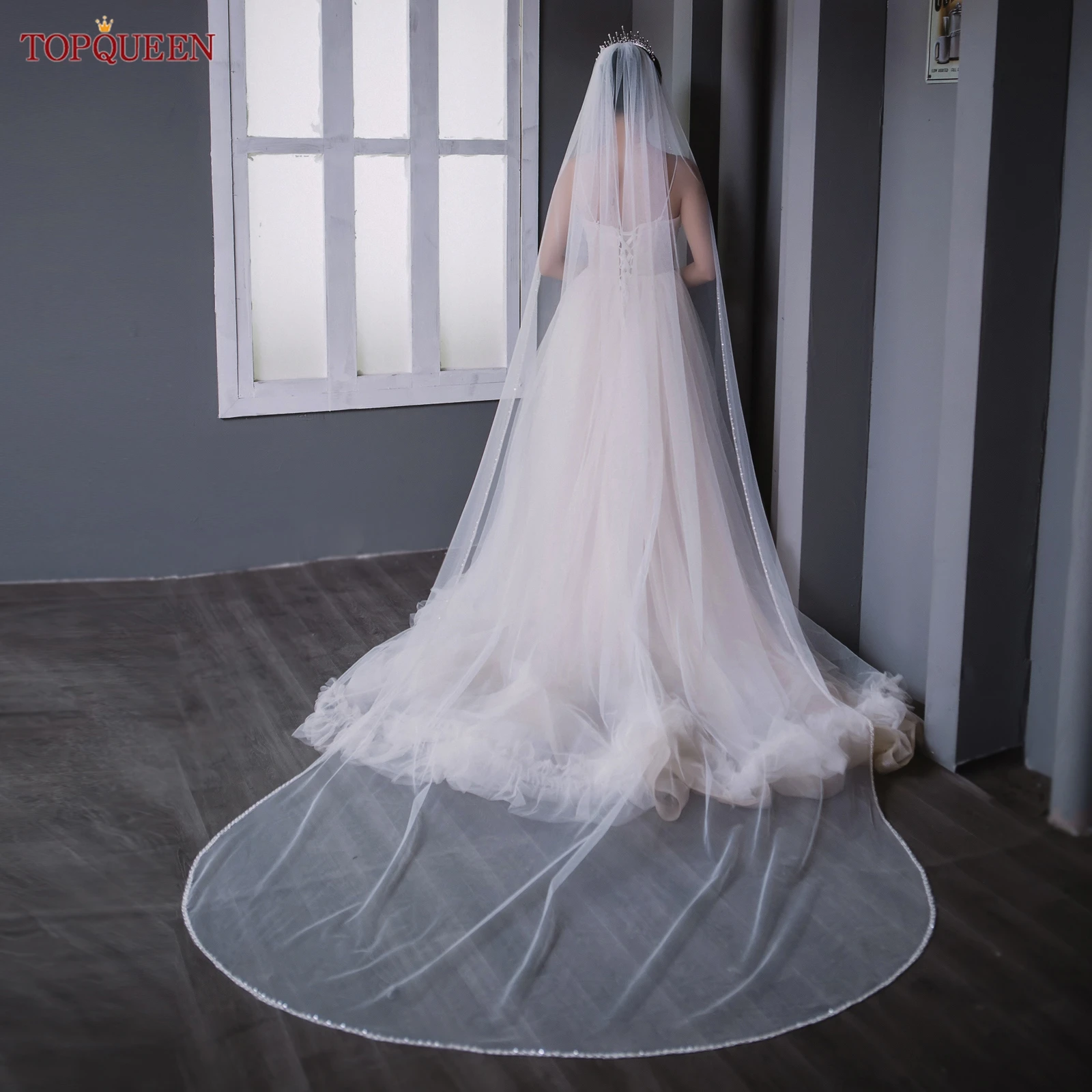 TOPQUEEN Crystal Bead Velo De Novia Largos Velo De Novias Catedral Velo Sposa Alta Qualita Bruiloft Accessories V138