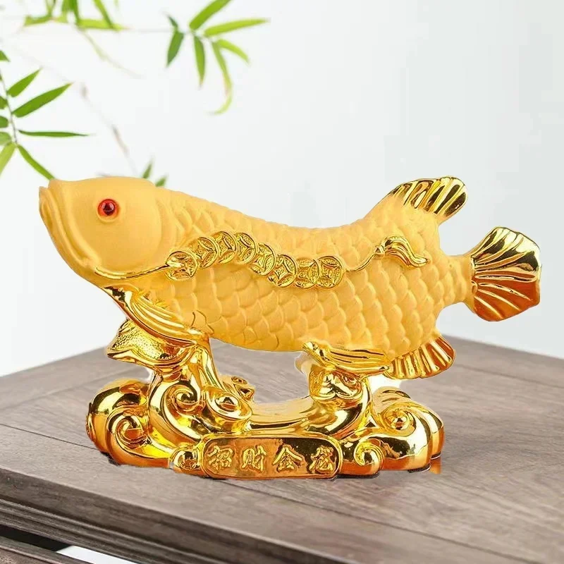 Golden Arowana Resin Statue - Feng Shui Wealth Fish Sculpture,Chinese Dragon Fish  Home Office, Lucky Money Attracting Ornament
