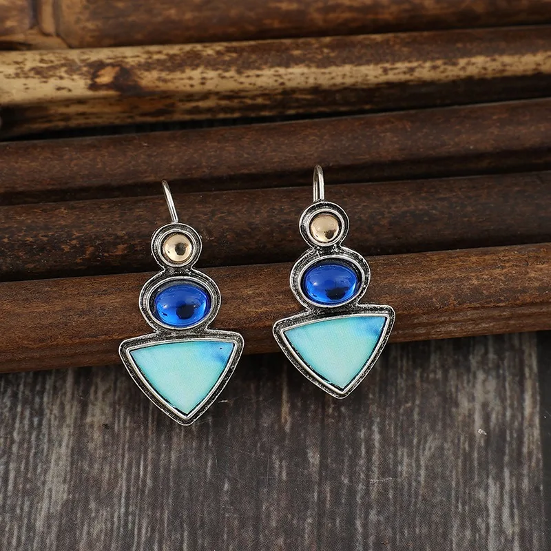 Ethnic Silver Color Geometric Triangles and Circles Champagne Blue Stone Earring Vintage Paste Pattern Dangle Earrings for Women