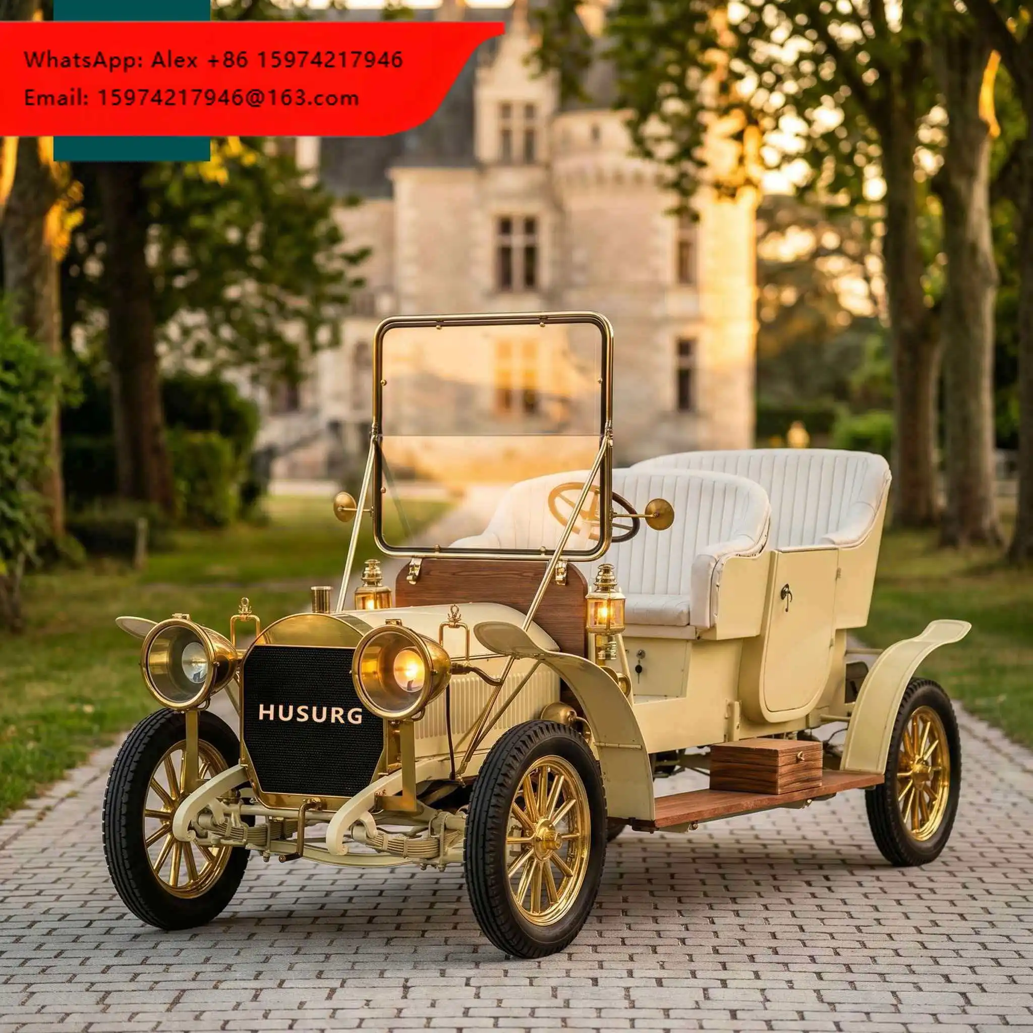 4 Seater Retro Electric Classic Car 48V 5KW Vintage Sightseeing Golf Cart For Wedding Rental Wholesale