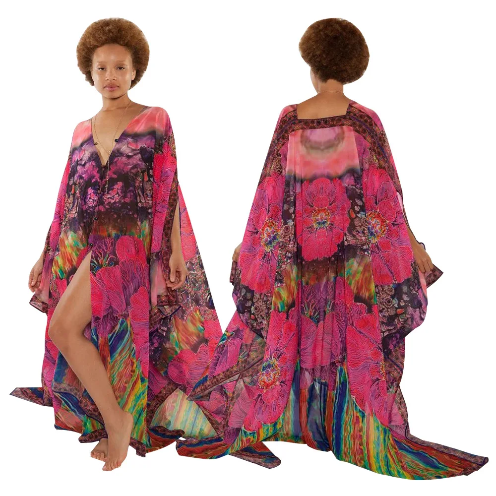 

2023 African Dresses for Women Summer African V-neck Long Sleeve Polyester Printing Long Dress Maxi Dress African Clothes