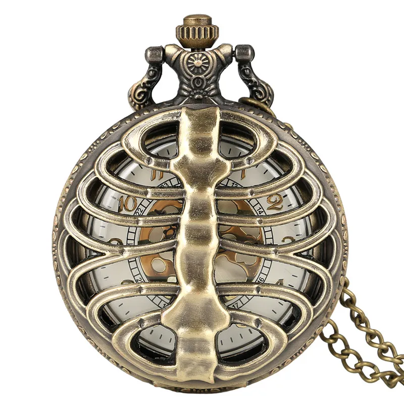 Steampunk Bronze Hollow Spine Ribs Quartz Pocket Watch Men Women Necklace Pendant Sweater Chain Timpiece Arabic Number Best Gift