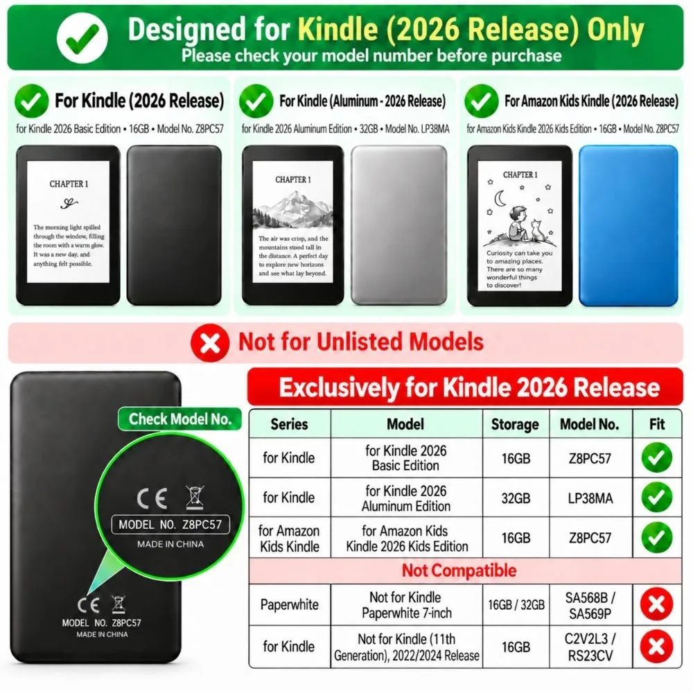 Auto Sleep Wake e-Reader Folio Case Magnetic Closure Water Resistant Magnetic Flip Cover for Kindle (2026 Release) 6 inch