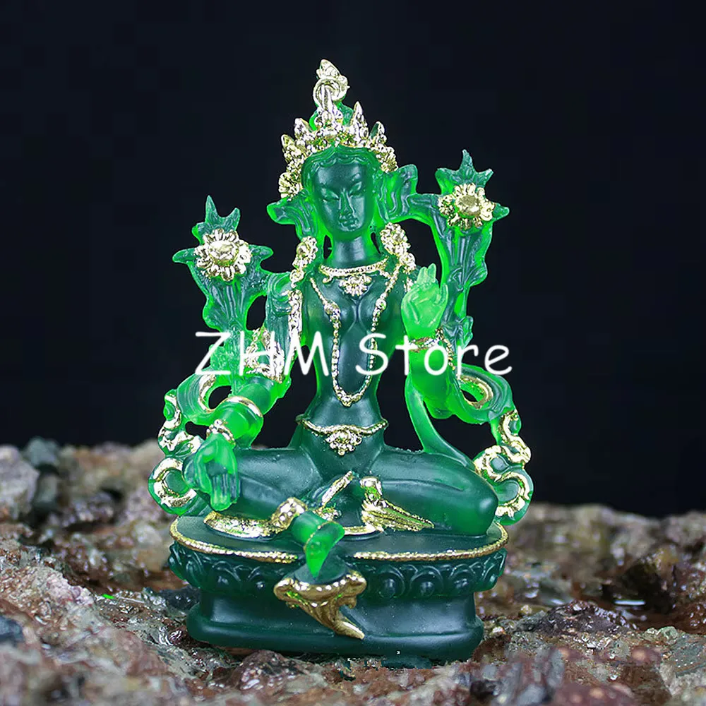 

13cm Resin Colored /Gold Mixed Talisman Efficacious Family Protection Nepal/Tibetan/Indian Green Tara Bodhisattva Buddha Statue