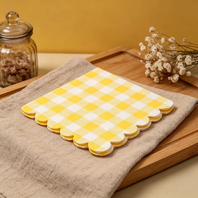 Gelbe Karierte Einweg-Servietten 25x25cm 100 Stück 3-lagige Dekorative Papierservietten für Babyparty Geburtstag Hochzeit Teeparty