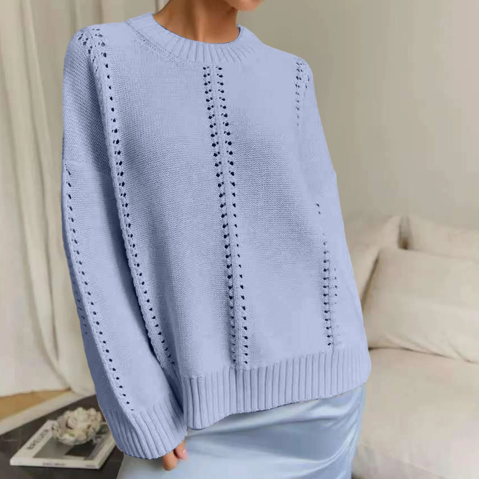 

Women'S Fashionable Casual Loose Lazy Style Hollow Pullover Long Sleeve Round Neck Sweater Ropa De Mujer Sweater De Mujer
