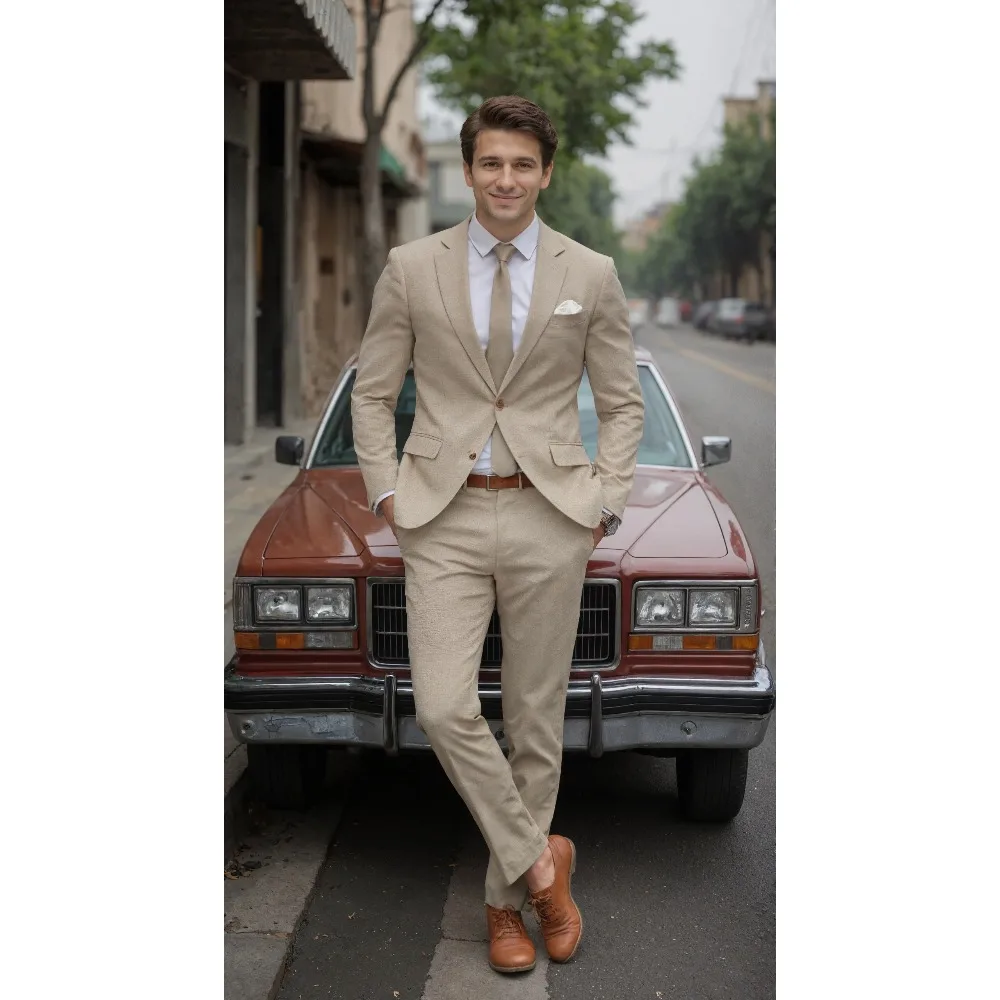 

British Style Men's Suits Khaki Wedding Party Tuxedo Blazer Slim Fit Notch Lapel Blazer Mens Suit 2 Piece Set Jacket Pants