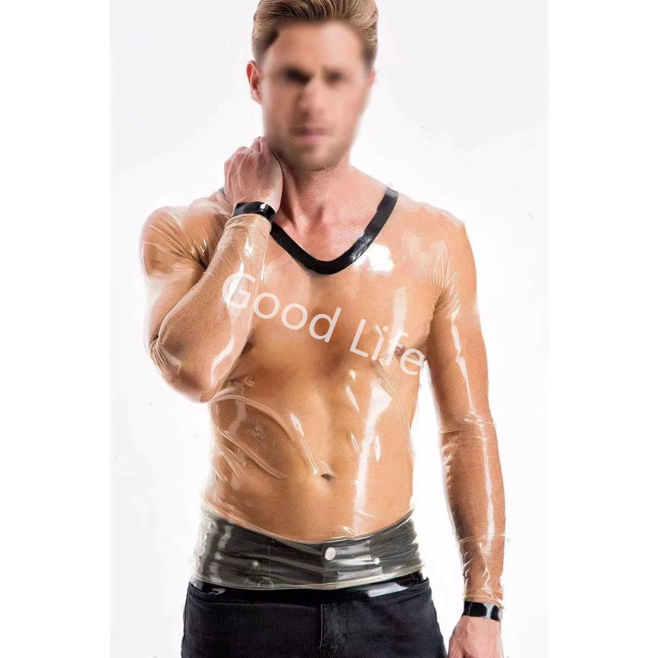 

Transparent Latex Rubber Gummi V-line long sleeves T-shirts Shirts With Trim Custom Made