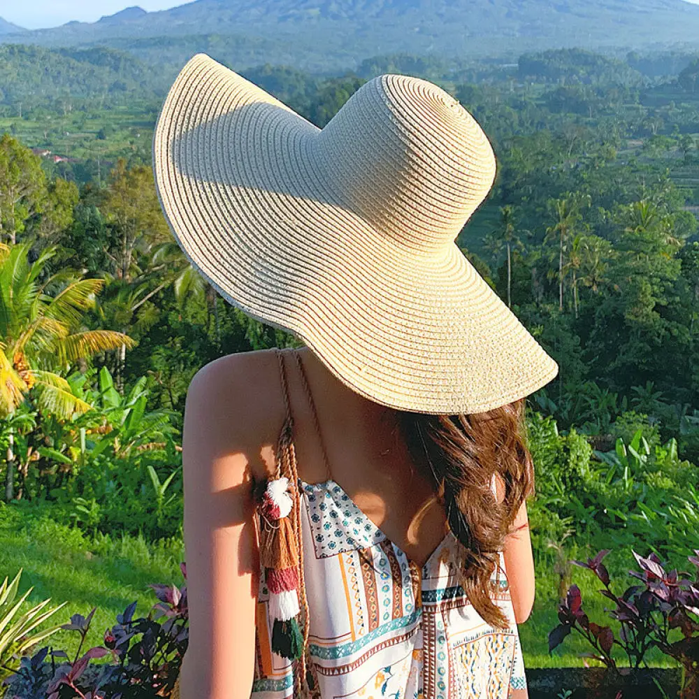 Extra Large Brim Straw Hat Summer Women Beach Sunshade Cap Foldable Outdoor Vacation Travel Fashion Casual Sun Bonnet
