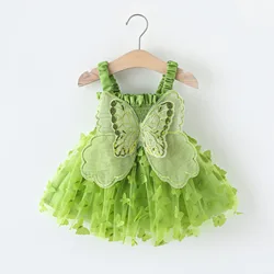 Sweet Beauty Children'S Dress 2024 Summer New Solid Color 3D Butterfly Embroidery Mesh Flying Sleeves Daily Knee Length 0-3 Year