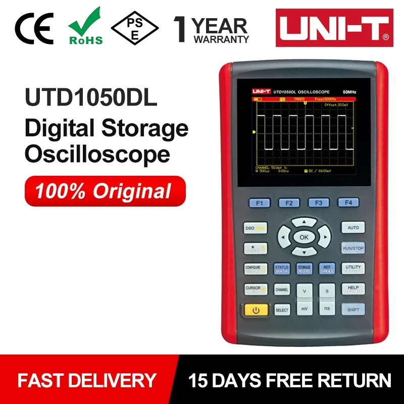 UNI-T Digital Handheld Oscilloscopes UTD1050DL 50Mhz Dual Channel 7-inch Widescreen LCD USB Interface for Electronics Testing