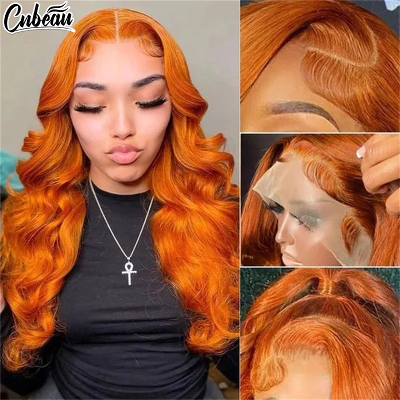 Peruca frontal de renda para mulheres, gengibre laranja, perucas de fechamento de renda 4x4, cabelo humano, peruca frontal transparente HD, 13x4