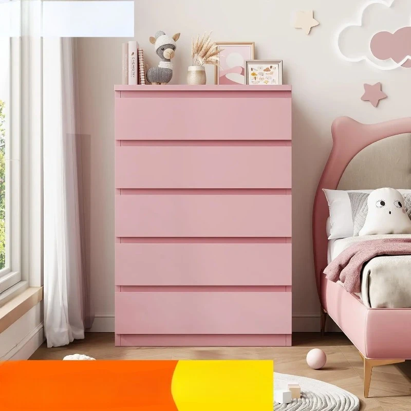 

Pink 5 Drawer Dresser for Bedroom, 15" D x 23.7" W x 40.4" H in Simply Chest of Drawers, Wood Storage Dresser with Drawers for L