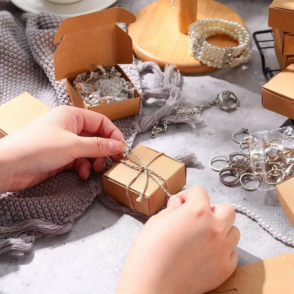 50pcs Mini Cardboard Boxes, Jewelry Boxes Packaging, Brown Kraft Boxes for Ring Earrings, Multipurpose Boutique Packing