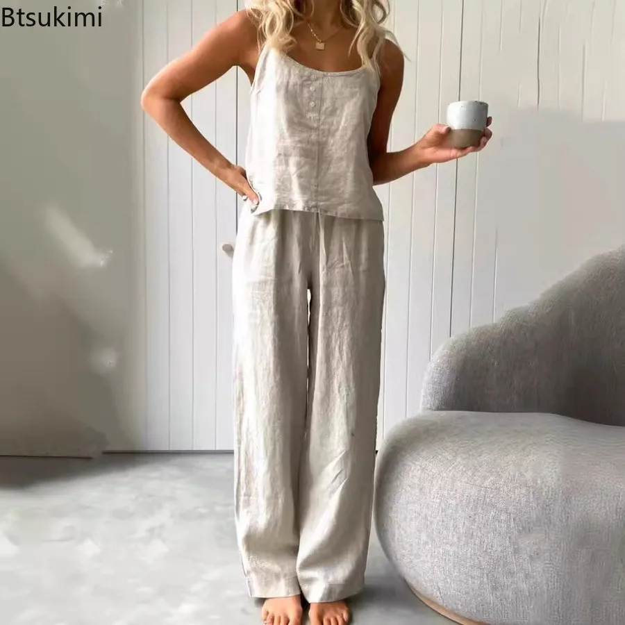 New Women's Cotton Linen Casual Sets Solid Sling Tops Wide-leg Pants Sets Summer Loose Vacation Home Clothes Ladies 2-piece Sets