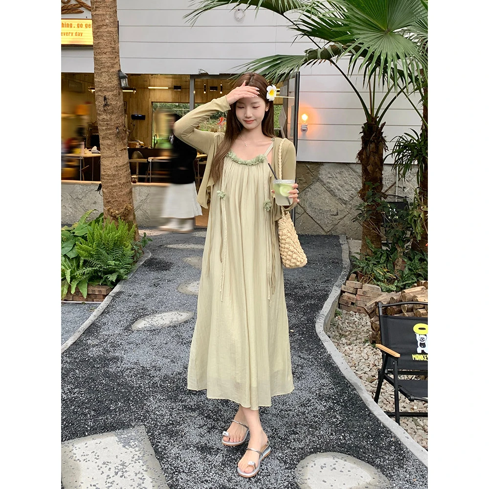 Fashionable 2026 Autumn New Arrival Women's Long Sleeve Chiffon Halter Dress Set Floral Splicing Cardigan Citywalk Suitable