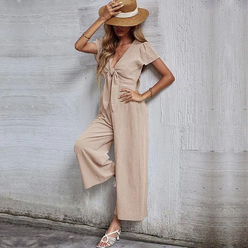 

Elegant High-Waisted Wide-Leg One-Piece V-Neck Pure Color Sexy Cross-Border Women's Casual Pants Autumn Winter Fashion