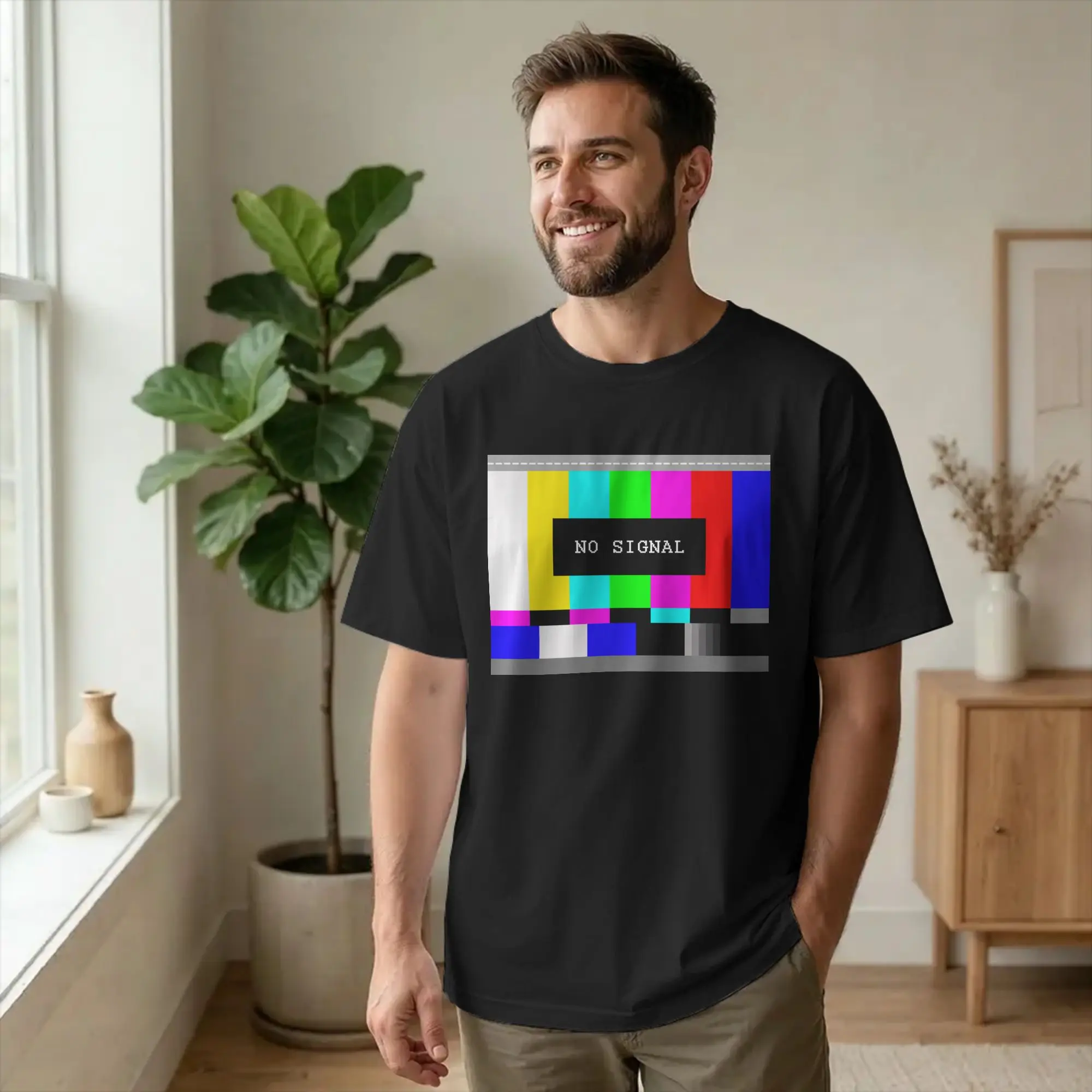 Men's T-Shirt No Signal Test Image Retro Funny Cool 100% Cotton Tees Short Sleeve Analogue TV T Shirt Round Collar Tops Graphic