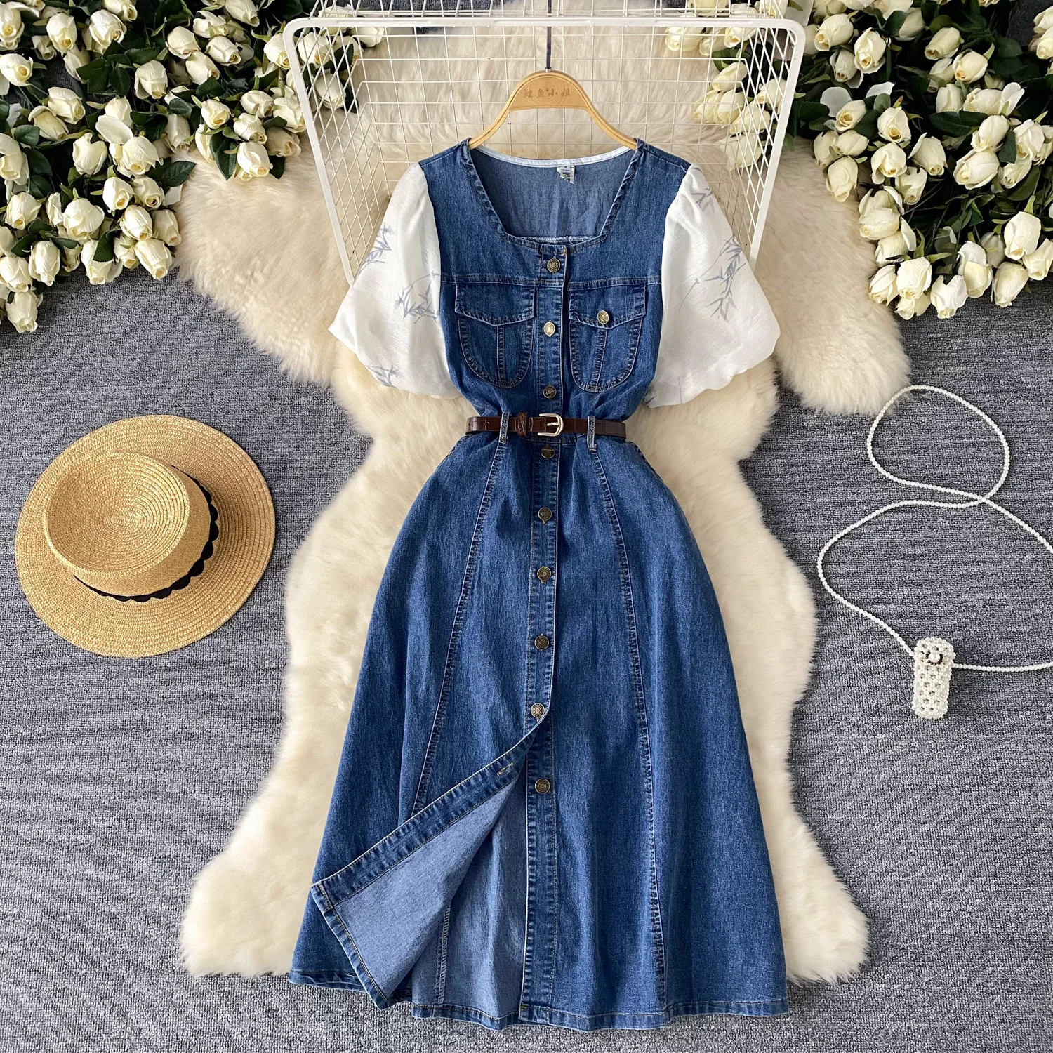 

Mid Length Dress Women Denim Dresses A Line Vestidos Streetwear Square Collar Puff Sleeve Elegant Y2k High Waist Belt 2025 Party