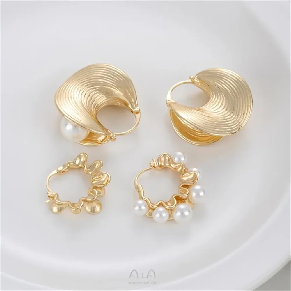 14K Gold Wrapped Wavy Satin Ribbon Pleated Striped Skirt Shaped Ear Buckle Adhesive Pearl Handmade DIY Earrings Ear Accessories