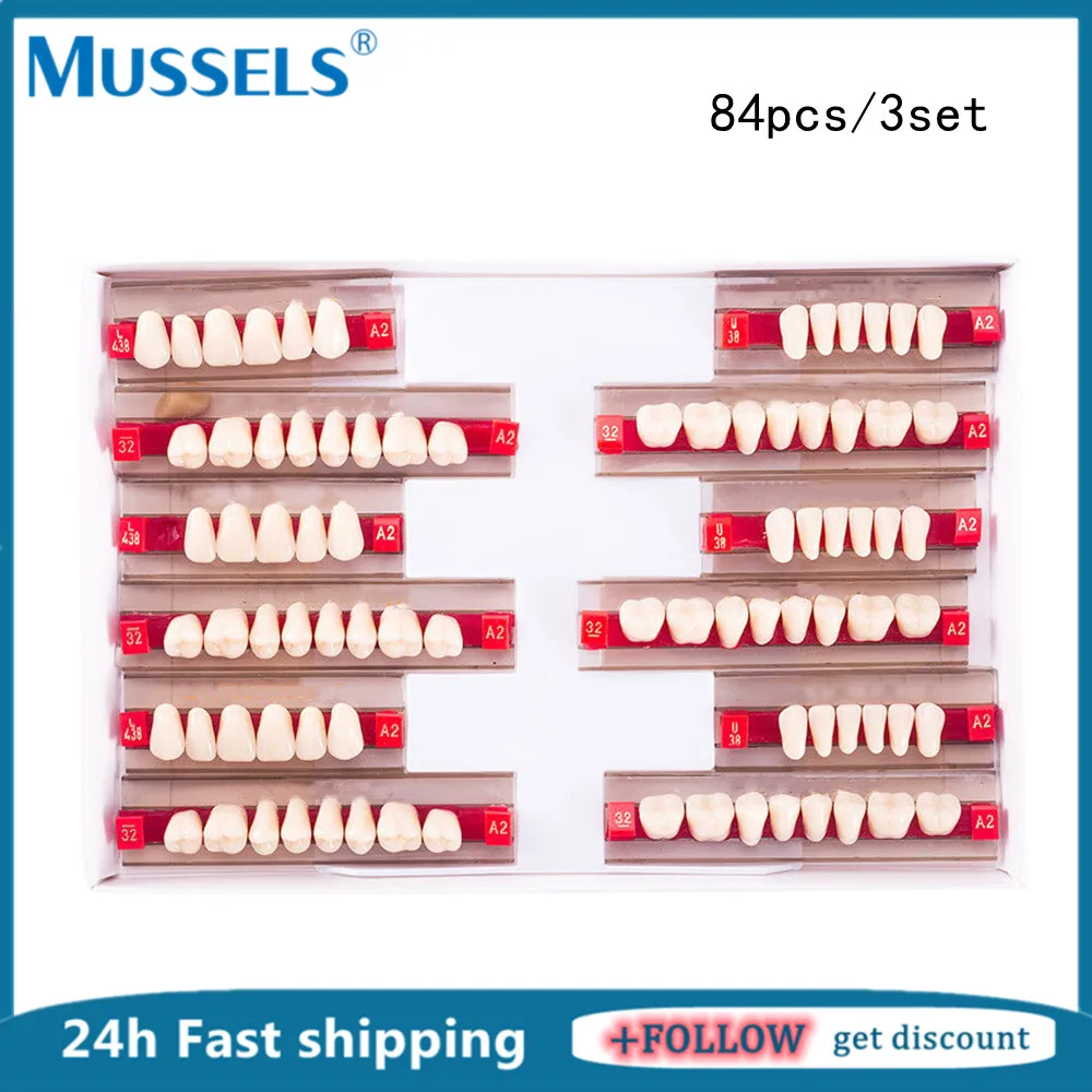 84 stücke/3Set Dental Prothese Acryl Synthetische Harz Zähne Modell DIY Material Gefälschte Falsche Zahn Oberen Unteren Vollen Satz schatten A1/A2/A3