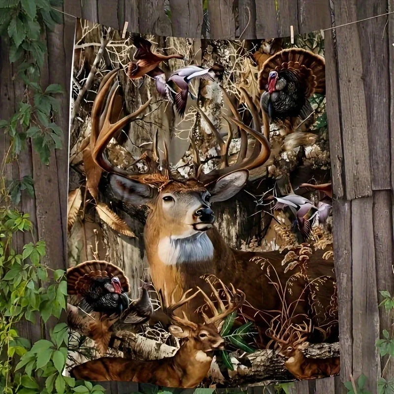 Premium Woodland Deer Wildlife Forest Blanket Throw Couch Lap Cover Rustic Nature Tapestry Decor Camping Picnic Rug Art