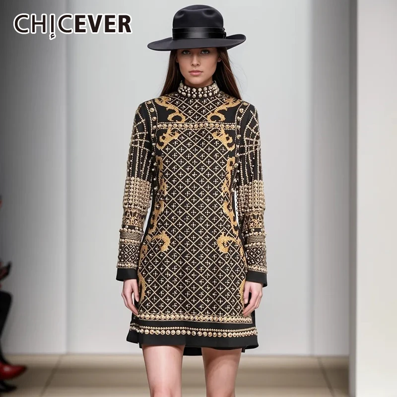 CHICEVER Hit Color Print Dresses For Women Stand Collar Long Sleeve High Waist Patchwork Pearls Slimming Mini Dress Female New