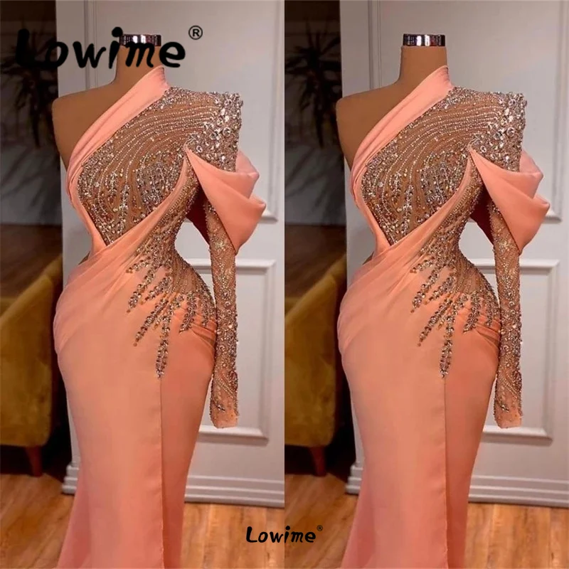 

Peach Pink One Shoulder Arabic Party Dresses Long Crystals Beaded Mermaid Evening Gowns Formal Vestido Elegante Women Prom Dress