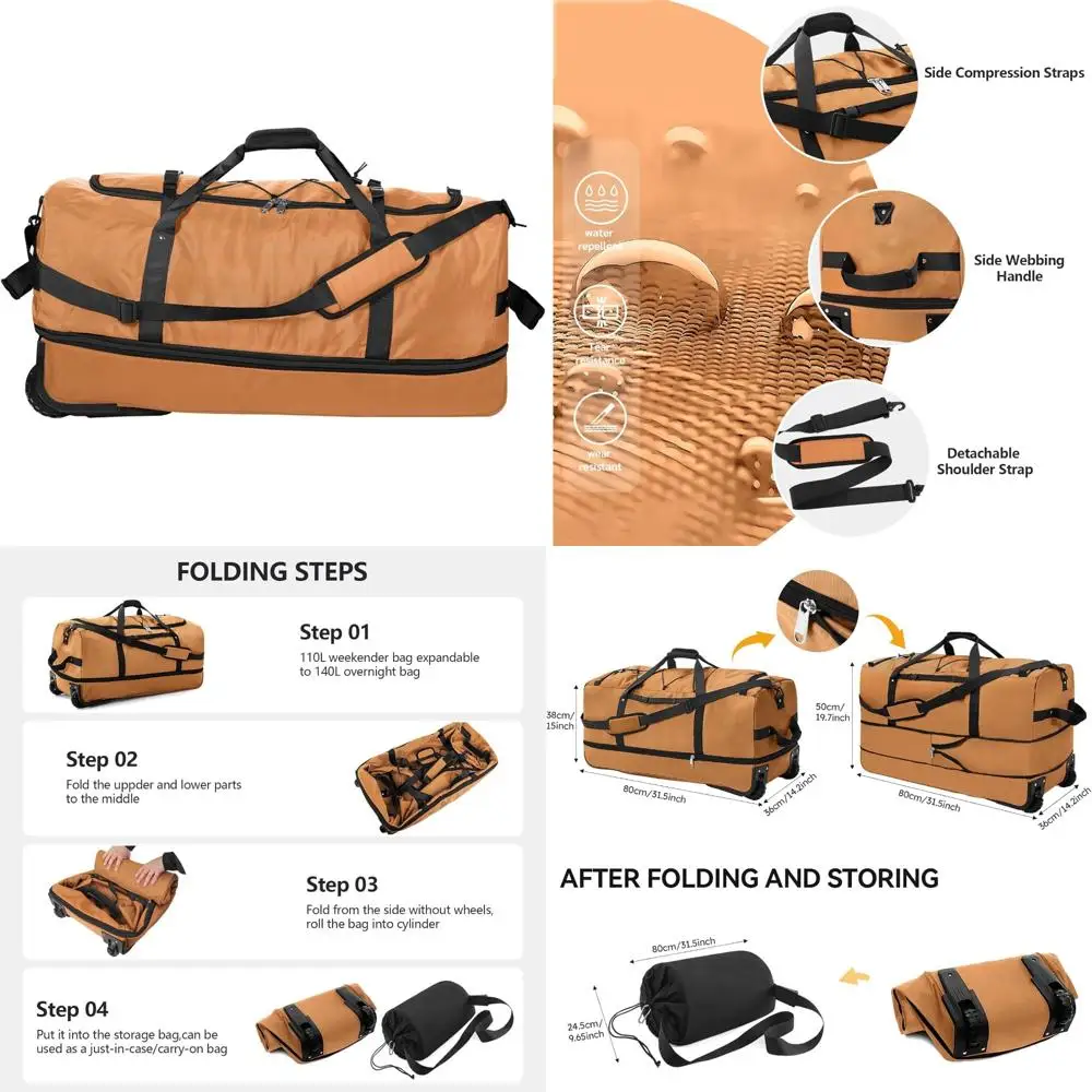 حقيبة دفل قابلة للتوسيع بسعة 140 لتر، وعجلتين، وحقيبة سفر قابلة للطي مع مقصورات متعددة #1