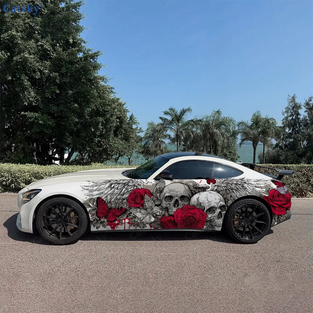 2pcs Red Black Contrast Rose Skull Car Side Wraps, Self-Adhesive PVC Waterproof & Scratch-Resistant Stickers, Car Accessory Gift