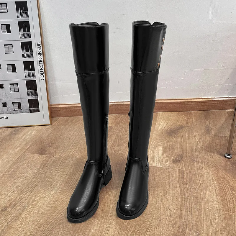 Hot Sales 2023 New Vintage Chunky Heel Folding Thigh-high Boot Rivets Slimming Big Leg Over Knee Knight Boot Single Boot