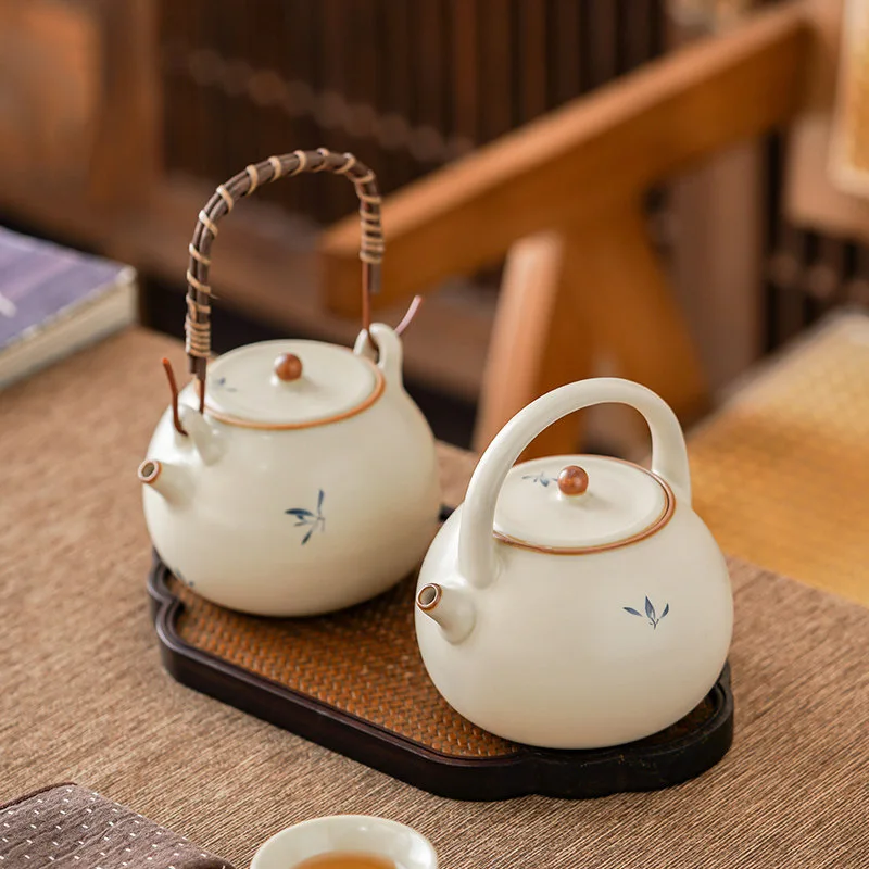 Chinese Vintage Ceramic Lifting Handle Teapot with Orchid, Filter Tea Brewer, Premium Tableware for Ladies Home Daily Tea Making