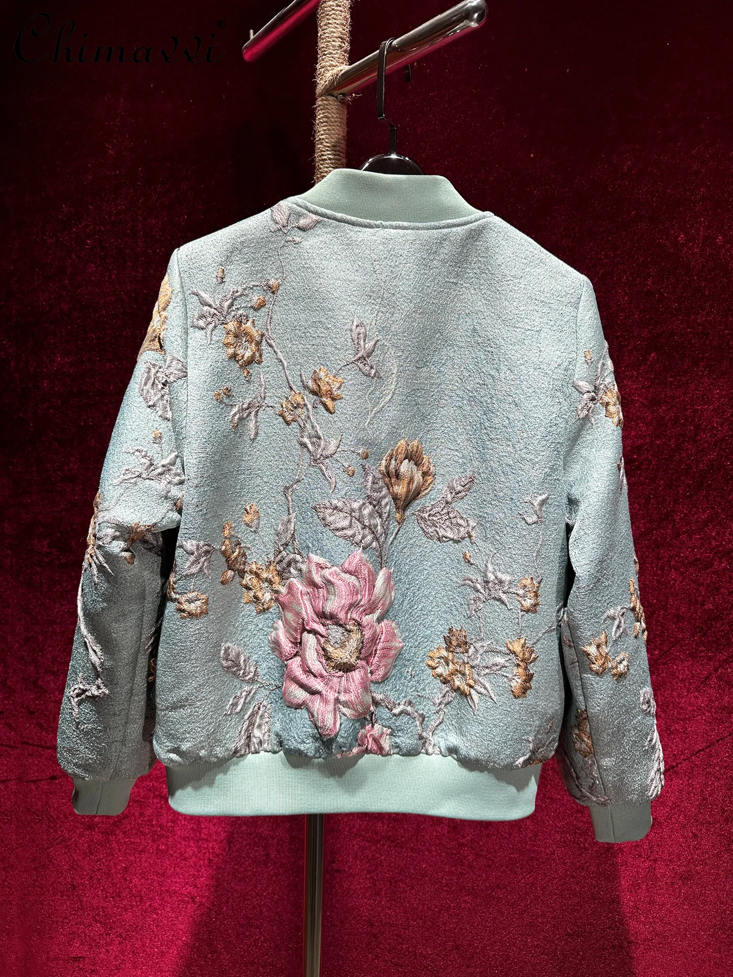 High-End Heavy Beading Embossed Jacquard Embroidery Casual Jacket Coat Baseball Jacket Women Autumn New Fashion Long Sleeve Top
