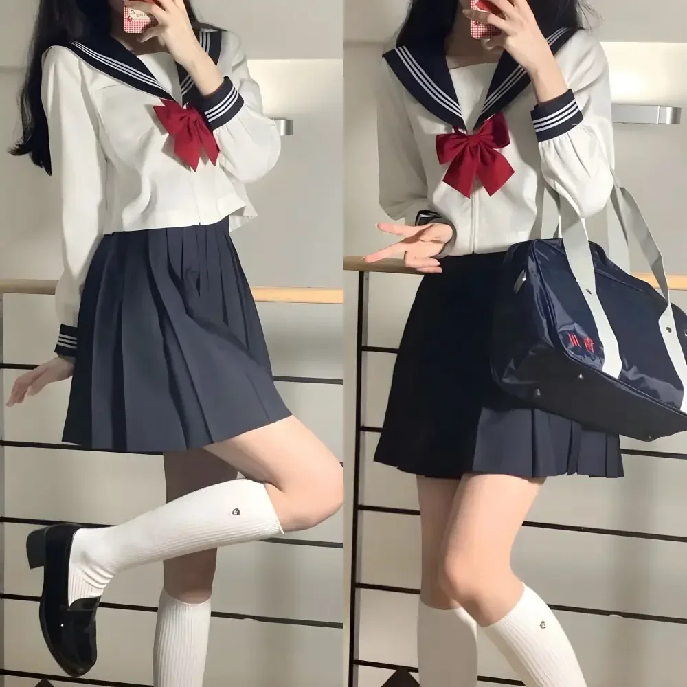 Japanese School Uniform Girl JK Suit Sexy White and Navy Top Red Tie White Three Basic Sailor Uniform Set Pleated Skirt Women