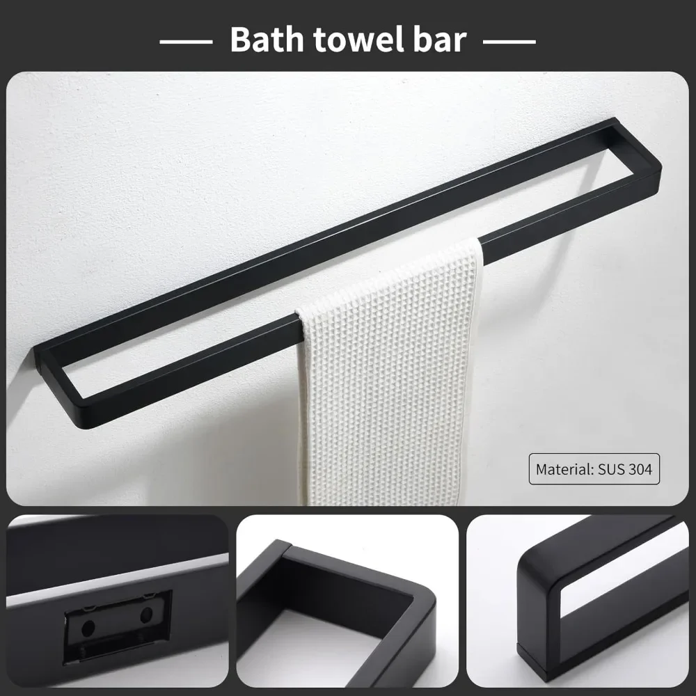 Preto Banheiro Hardware Acessórios Set, Toalha Bar, Toalheiros Conjuntos, Toalheiro Anel Kit, Aço inoxidável, Wall Mounted, 4 Pcs