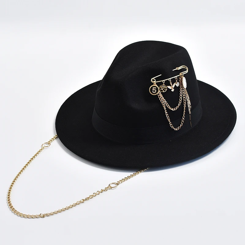 New Fedora Hats for Women Men  Metal Chain Decor Fashion Felt Jazz Hats Autumn Winter Party Formal Cap