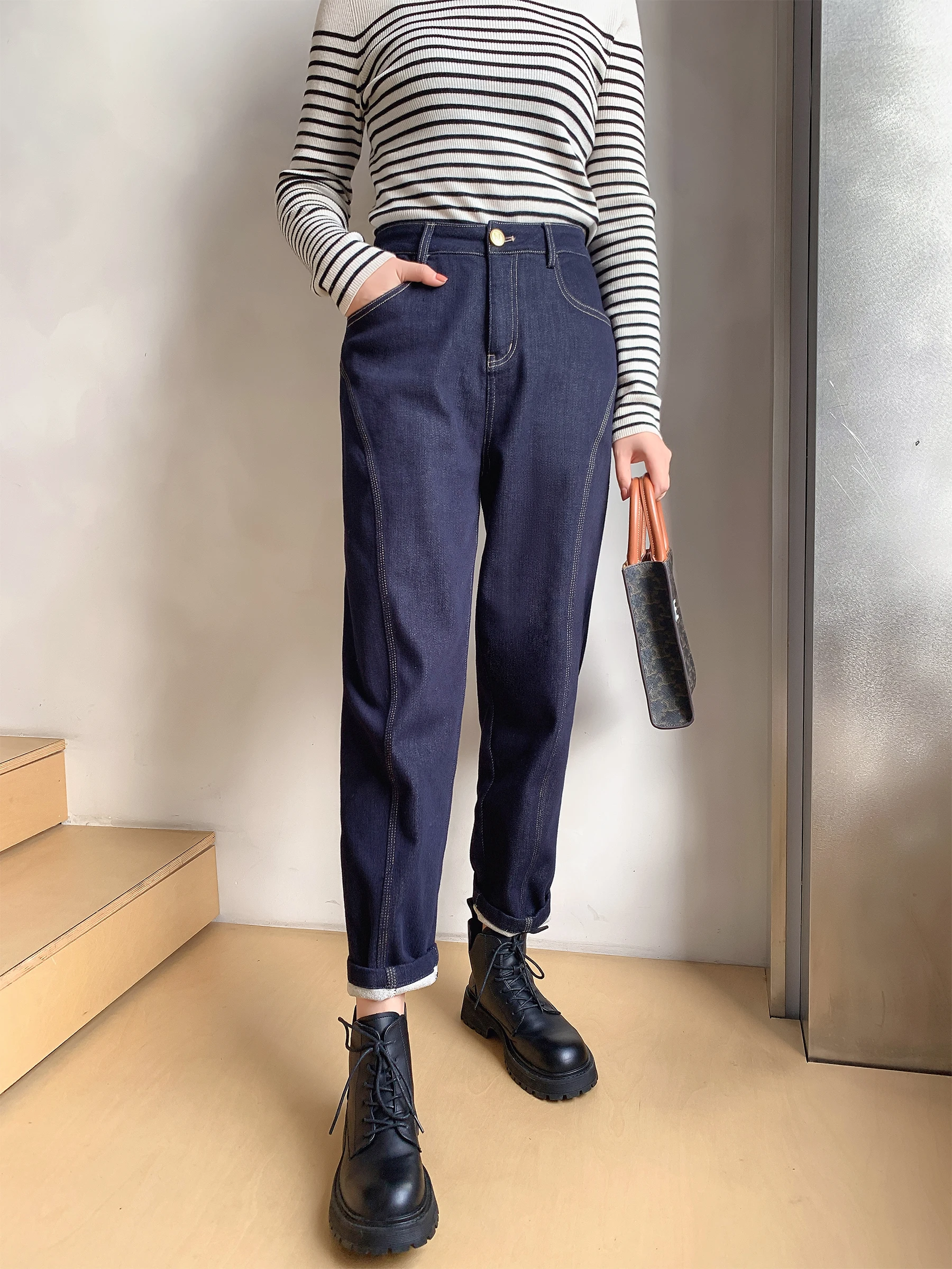 

Джинсы женские Thiened Fce Banana Cone, свободного кроя, в стиле Harlan, зимние, с высокой талией, на молнии, длинные, темный цвет