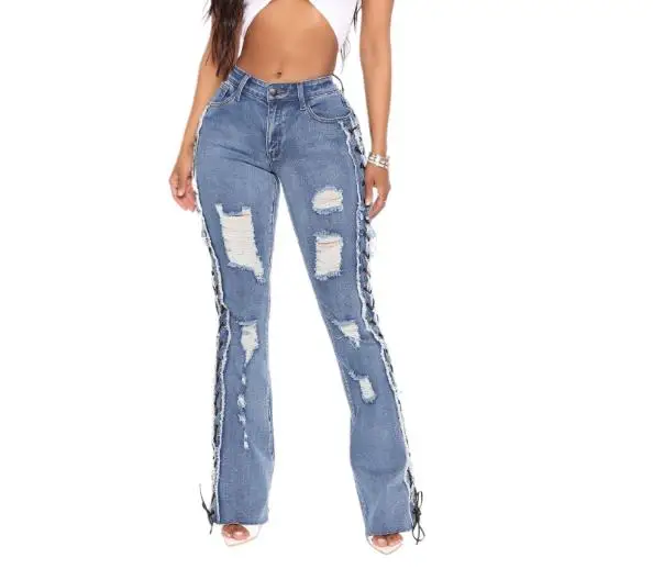 نمط جديد حبل عين الدجاج مرونة عالية مثير سليم صالح ممزق الدينيم السراويل النسائية #2