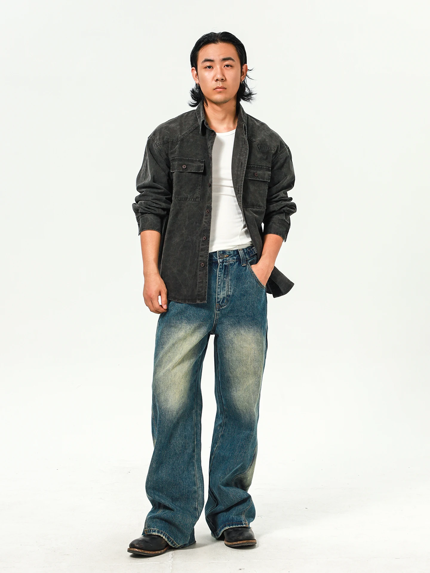 

Men's Loose Fit Waed Vintage Western Patchwork Casual irt Jaet Retro Sle Cotton Long Sve Outerwear Resistant to De...