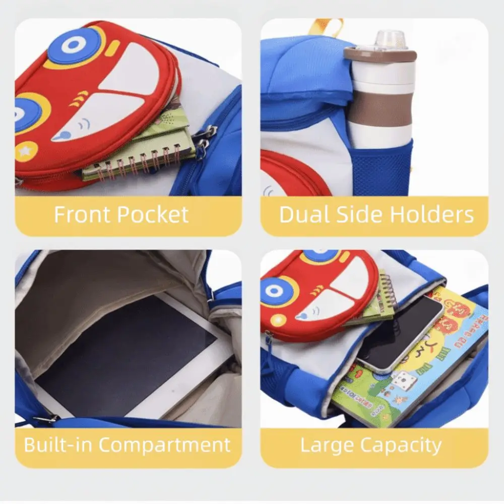 Cute Car Shape Kindergarten Schoolbag Large Capacity Adjustable Kids Schoolbag Breathable Side Pockets Child Backpack Boys Girls