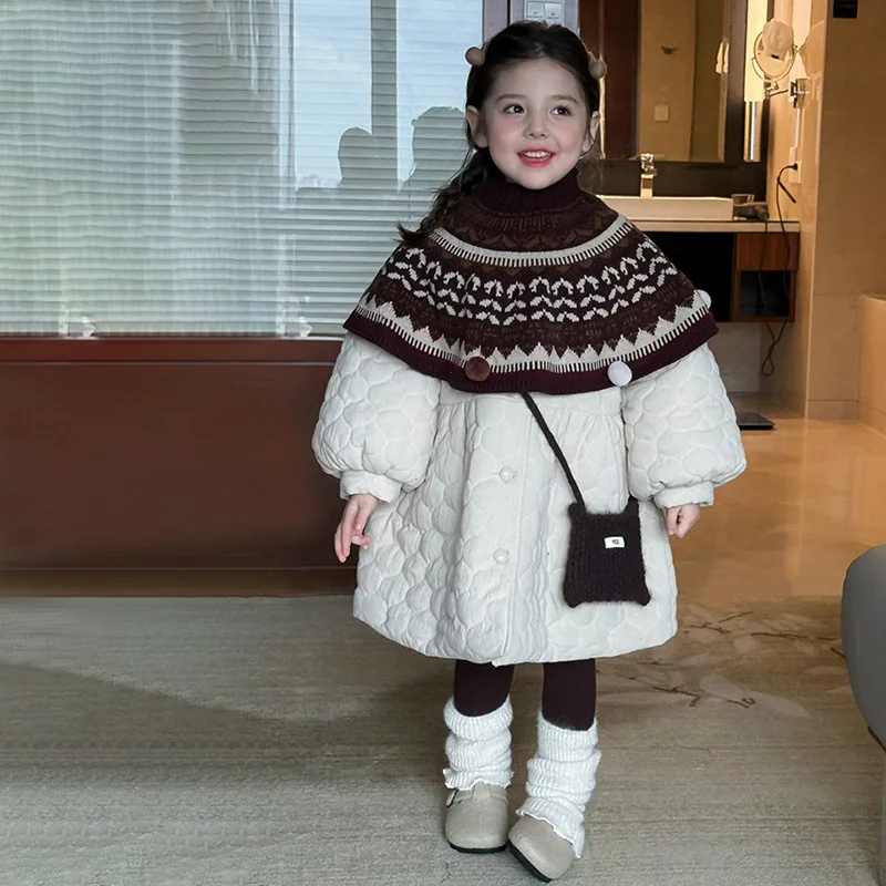 

Children Girls Winter Parka RAISE Quilted Kids Girl Padded Outerwears Thick Warm 2-8Y Girls Jacket Coat Contrast Detachable Cape