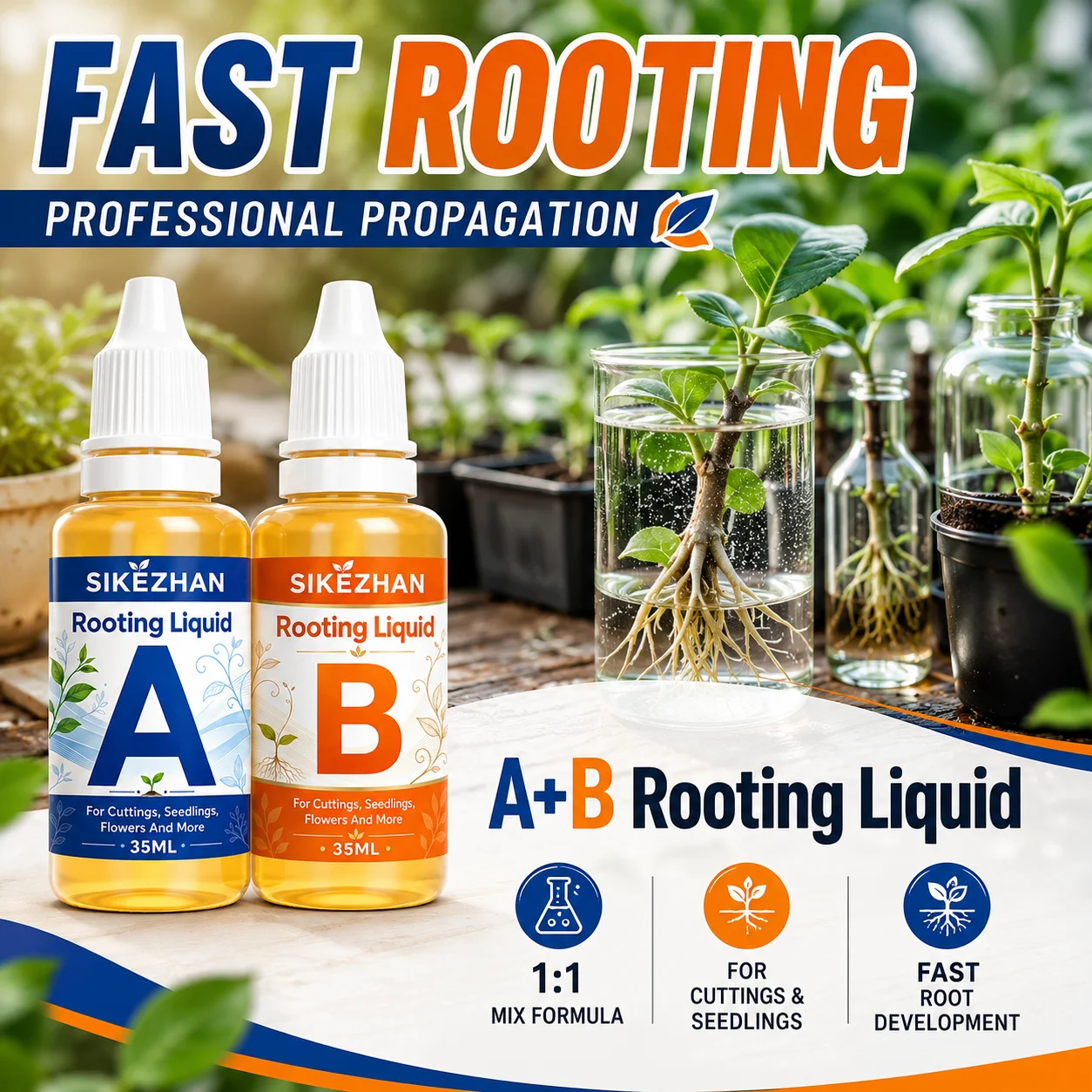 Professional 2x35ml Rooting Liquid Set SIKEZHAN, 1:1 Mix Ratio A&B Nutrient Growth Hormone for Plant Seedlings Cuttings Tool