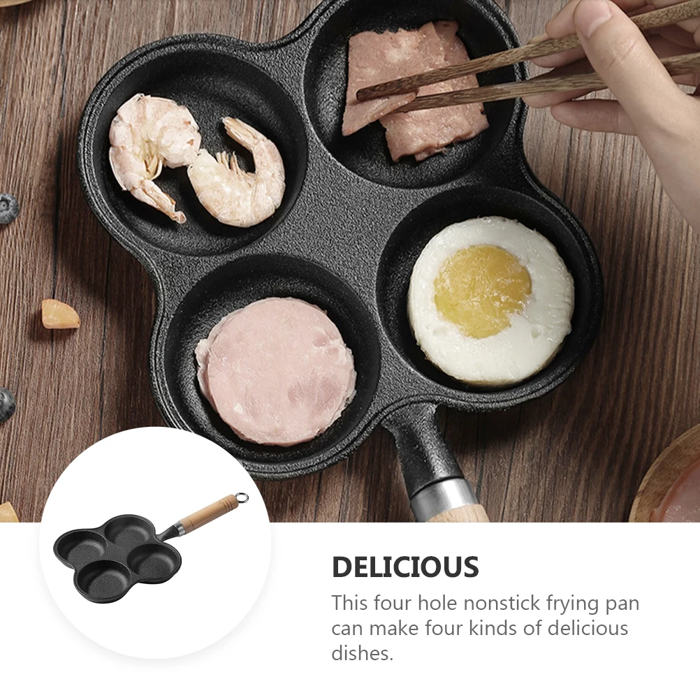 

Four Hole Egg Frying Pan Nonstick Breakfast Skillet Kitchen Accessory Cookware Iron Wood Material Easy Eggs