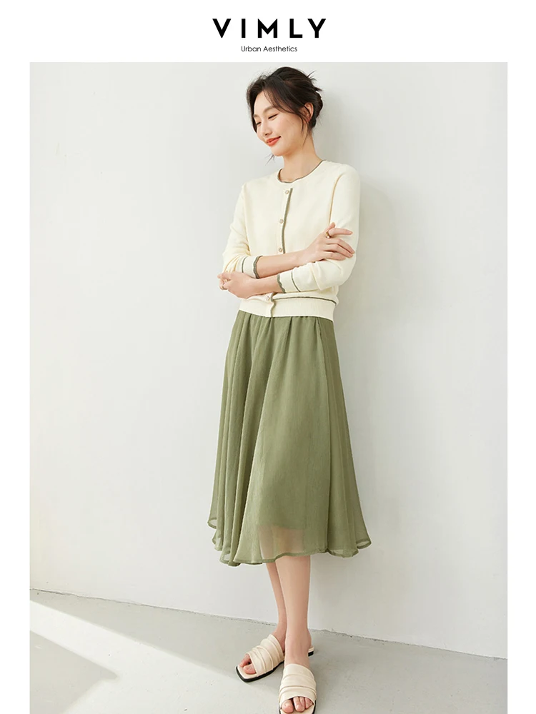 Vimly Elegant Knit Two Piece Sets for Women 2024 Spring Knitted Sweater Pullover Chiffon Midi Skirts Matching Womens Outfits