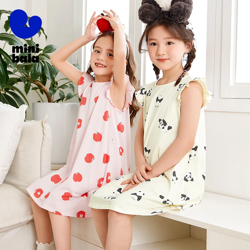 Mini Bala Summer New Kids Sweat-Absorbing Comfortable Nightgown Breathable Pure Cotton Girls Home Dress